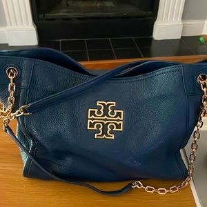 Tory Burch navy shoulder bag with adjustable gold chain hardware